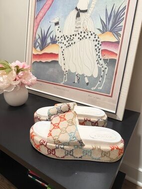 Gucci Multicolor GG Canvas Platform Slide Sandals